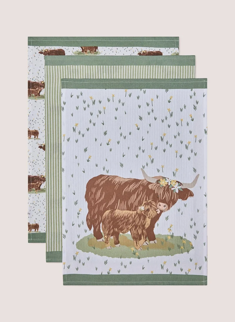 ماتلان 3 Pack Highland Cow Tea Towels Green